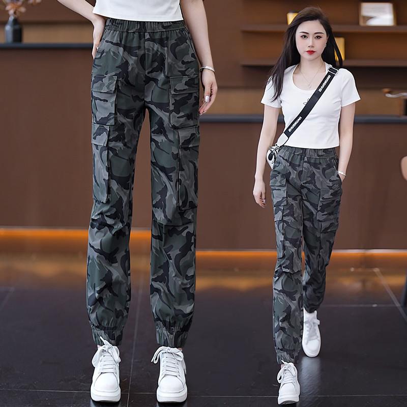 迷彩工装裤女夏季2025新款薄松紧腰户外休闲多口袋裤子弹力束脚裤