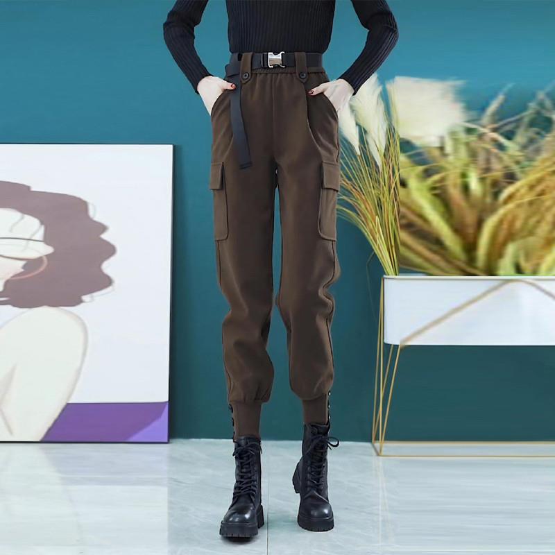 毛呢工装裤女秋冬2025新款加绒休闲高腰哈伦裤搭配马丁靴束脚裤子