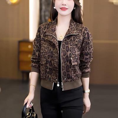 时髦豹纹短外套女洋气翻领夹克衫2025秋季新款设计感百搭宽松上衣