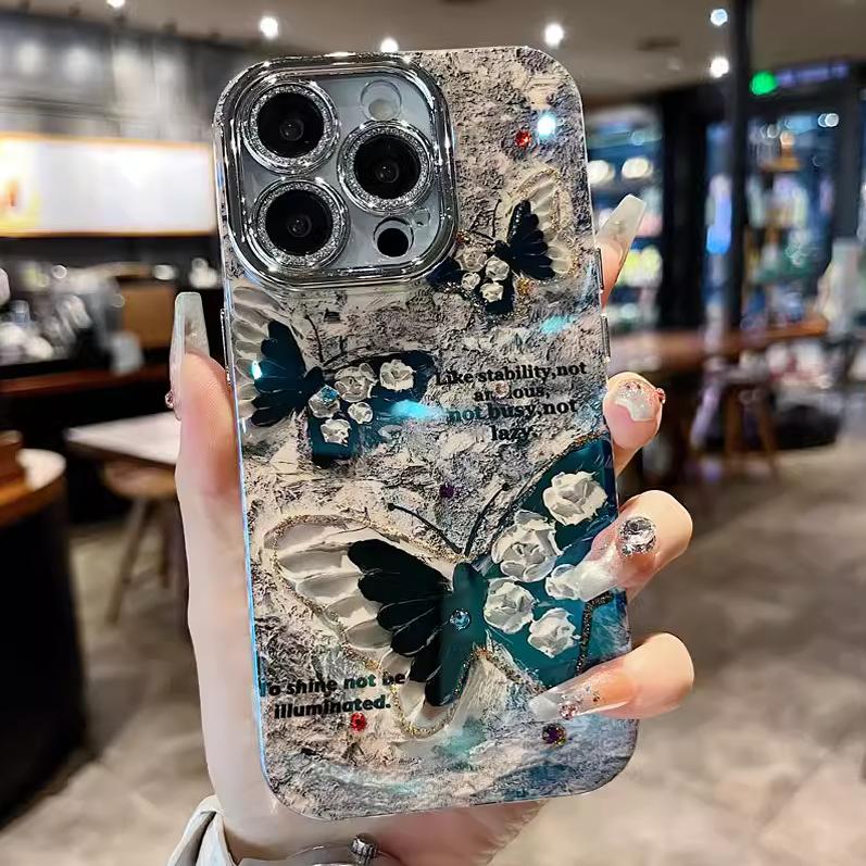 适用iPhone16Promax手机壳新款油画蝴蝶花朵苹果15pro闪粉镜头膜带手链挂绳14网红高级感13时尚ins风创意外壳