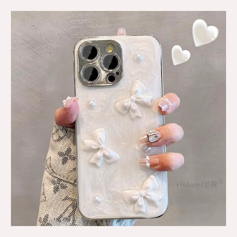 适用苹果16promax手机壳新款iPhone15pro立体珍珠蝴蝶结14plus软壳ins女高级感13promax网红14Pro硅胶保护套