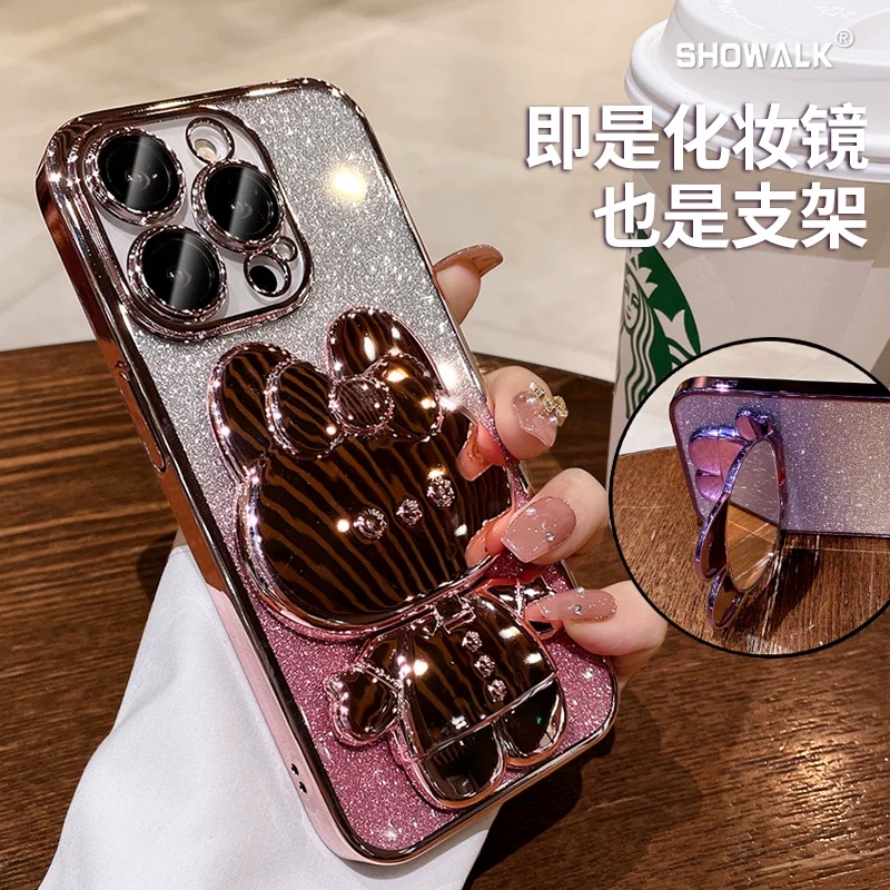 适用苹果16promax手机壳隐形补妆镜支架iphone15pro带镜头膜渐变闪粉防摔14高级感全包防摔网红卡通女款外壳