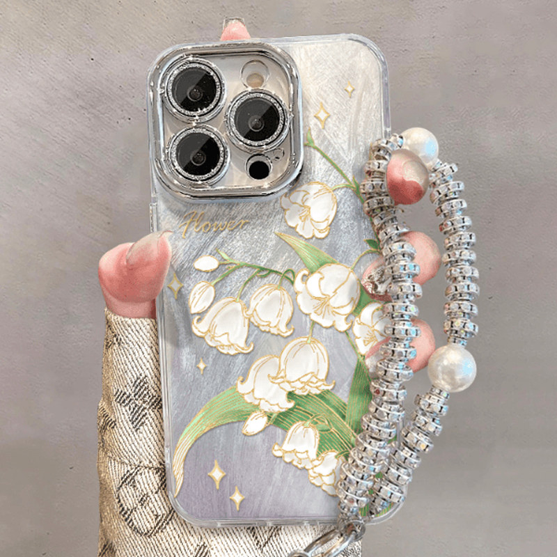 适用苹果16promax手机壳新款银色羽纱风铃花粉荷花iphon