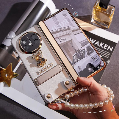 适用华为matex5手机壳钻熊款皮纹matex6高级感全包防摔带手链保护套matex3典藏版网红小众简约电镀折叠屏外壳