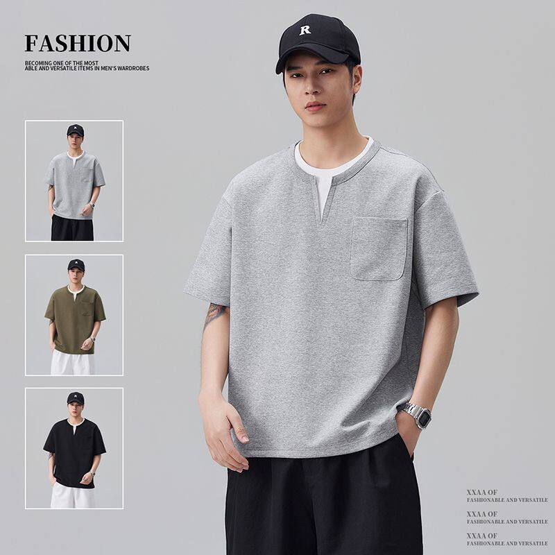 尚谷男装 夏季新款薄款男士短袖T恤日系简约假两件拼接宽松圆领