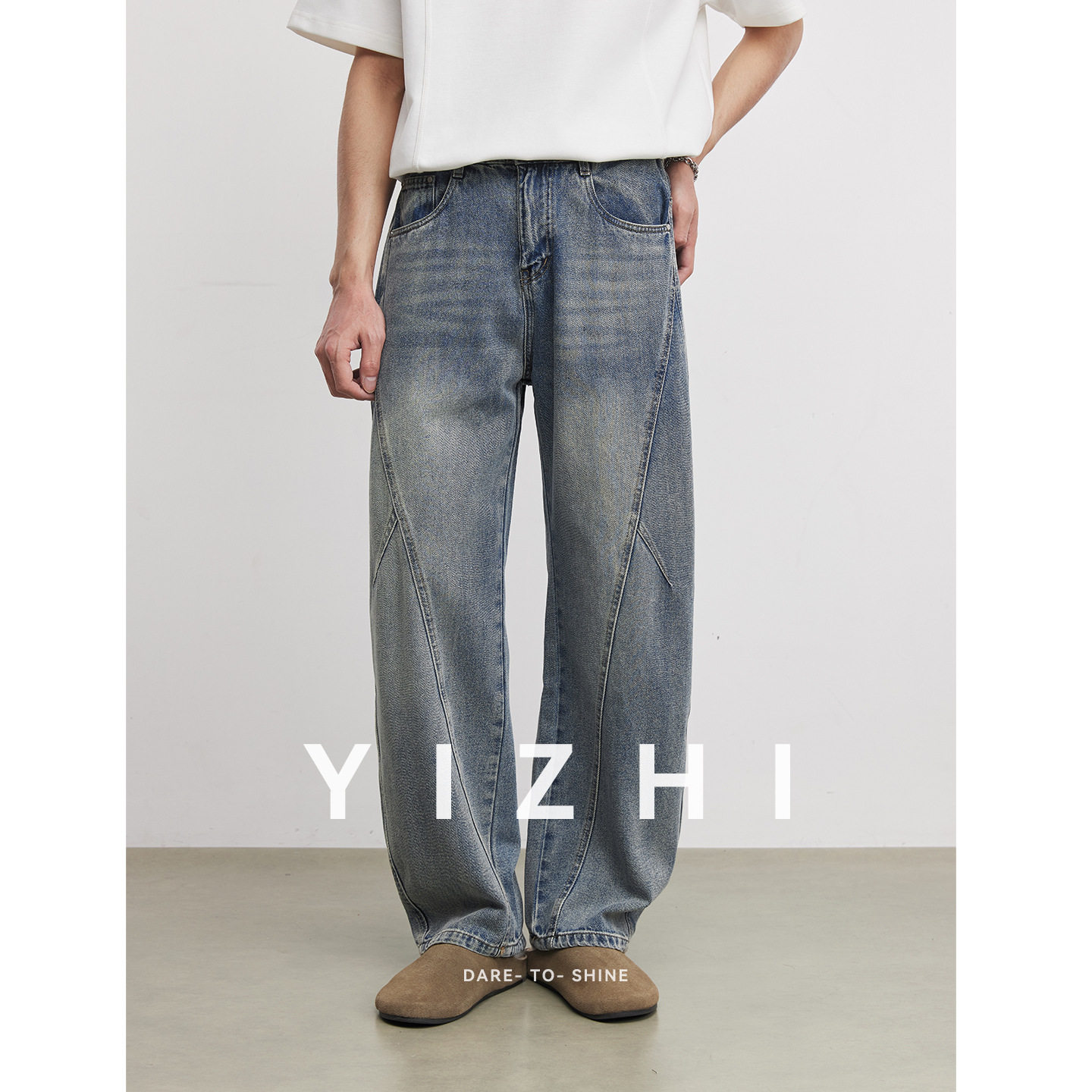 亦止美式潮流复古水洗弯刀牛仔裤春季男士立体裁剪百搭宽松阔腿裤