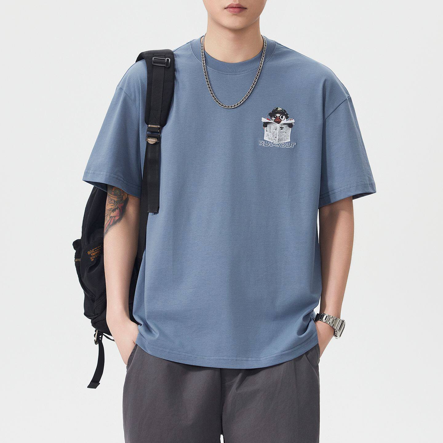 尚谷男装 美式复古水洗做旧重磅T恤夏季宽松纯棉刺绣短袖街头潮牌