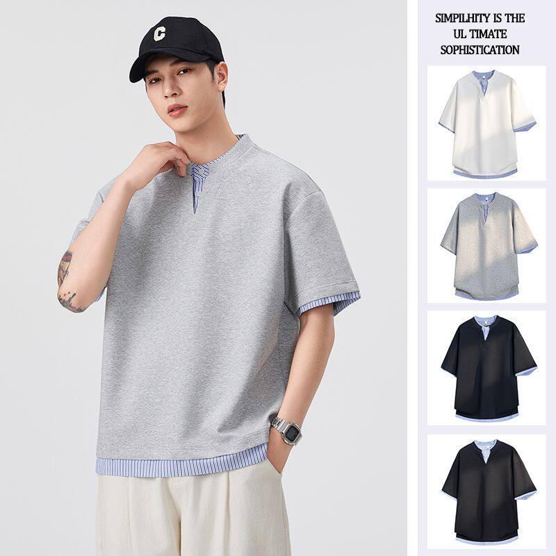 尚谷男装 日系潮牌夏季新款假两件拼接T恤新款男半袖凉感圆领短袖