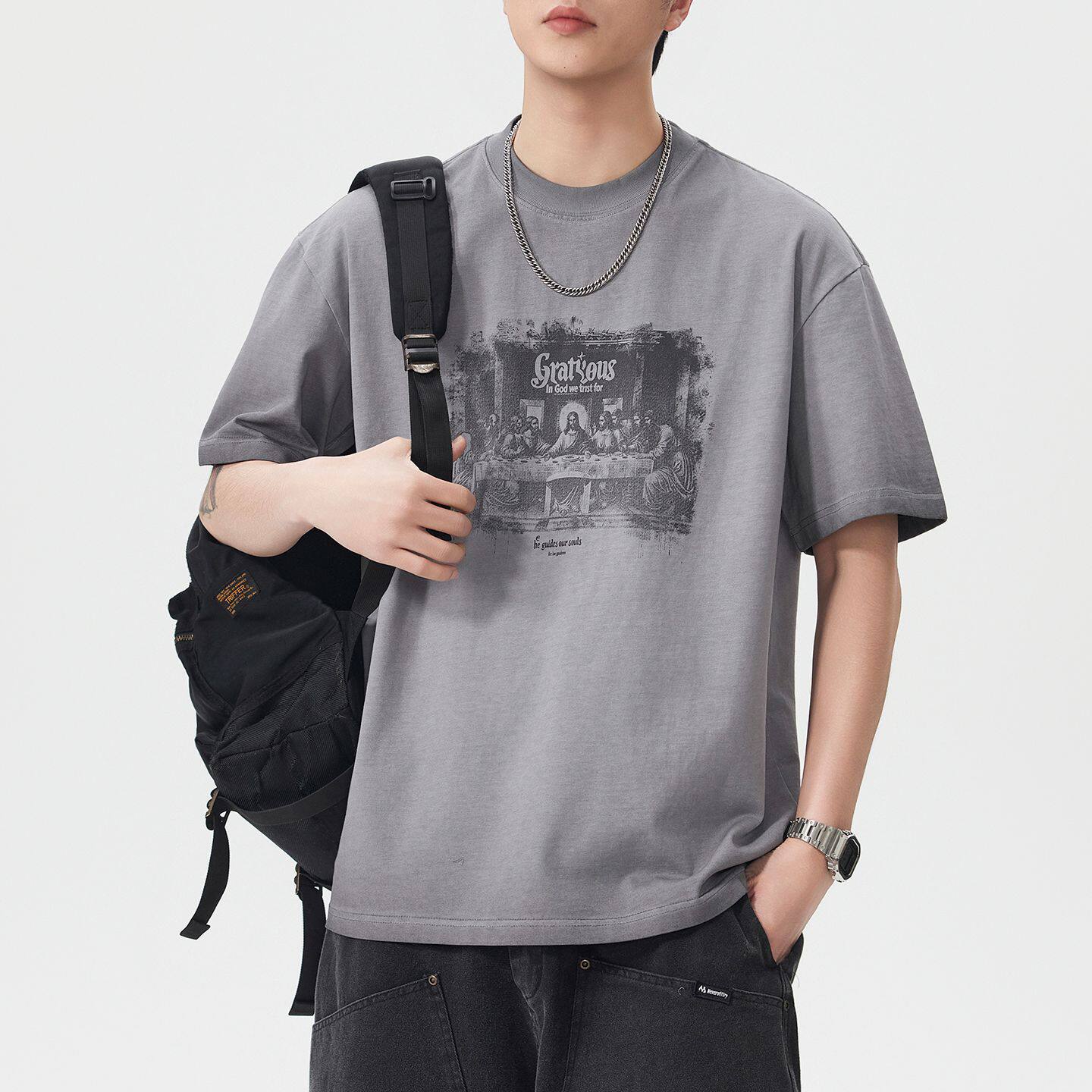 尚谷男装 2026夏季 复古做旧重磅水洗棉T恤 美式街头宽松落肩短袖