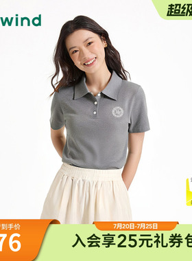 热风polo短袖T恤2025年夏季新款女士印花复古翻领T恤灰色正肩上衣