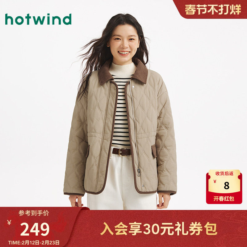 热风女士翻领棉服2025年冬季新款复古美拉德棉服夹克外套上衣