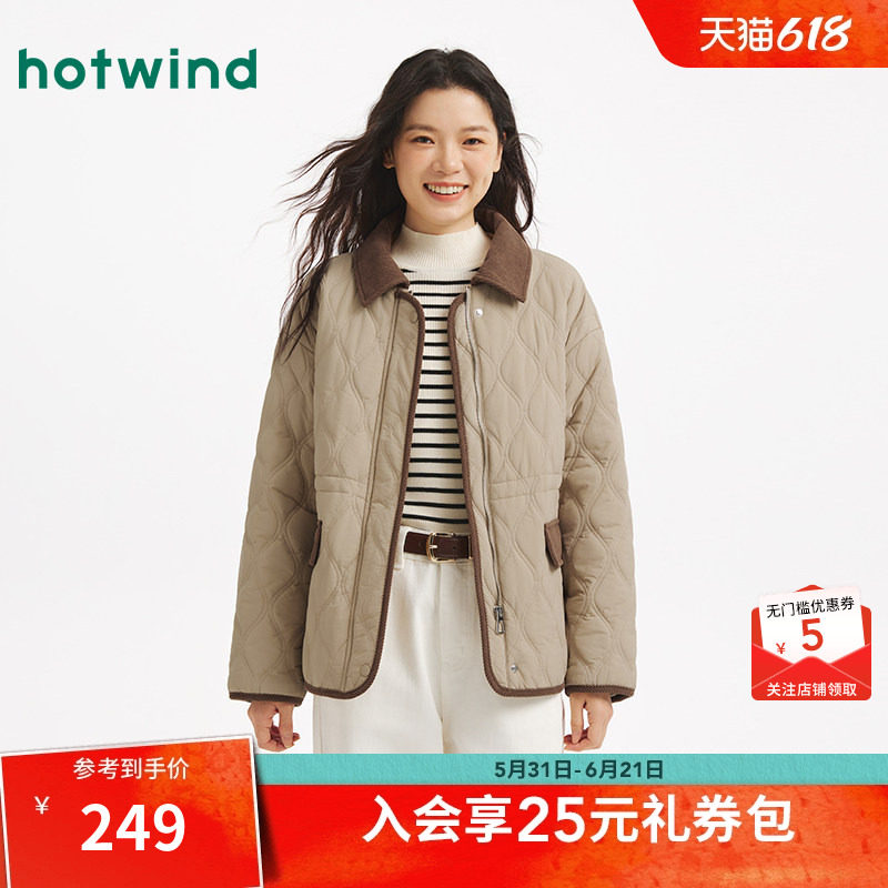 热风女士翻领棉服2025年冬季新款复古美拉德棉服夹克外套上衣