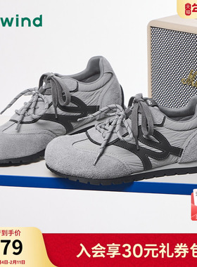 热风灰色德训鞋女款2026年春季新款薄底休闲鞋百搭双鞋带平底女鞋