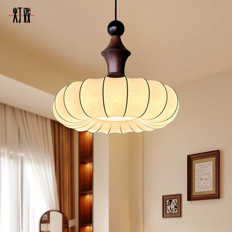 中古风餐厅吊灯复古法式侘寂布艺南瓜灯饭厅餐桌卧室床头升降吊灯,家装灯饰光源,餐厅吊灯,淘宝优惠券,粉丝福利购,淘宝优惠卷