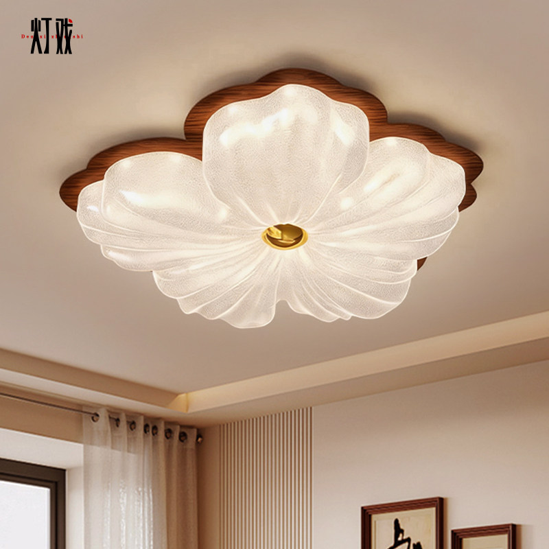 侘寂风胡桃木色花朵卧室吸顶灯中古实木护眼主卧书房灯具,家装灯饰光源,餐厅/卧室/书房吸顶灯,淘宝优惠券,粉丝福利购,淘宝优惠卷