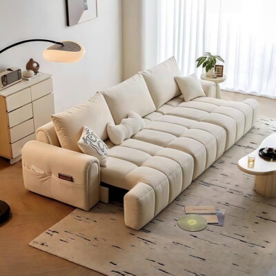 零靠墙泡芙电动功能沙发床客厅2026新款猫抓布艺奶油风伸缩沙发