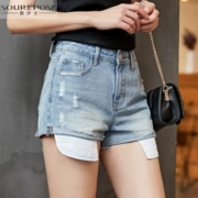 Bước chân sang trọng Nữ 2019 Mùa hè Quần jean sờn mới Quần short nữ Quần nóng Quần sáng màu - Quần jean