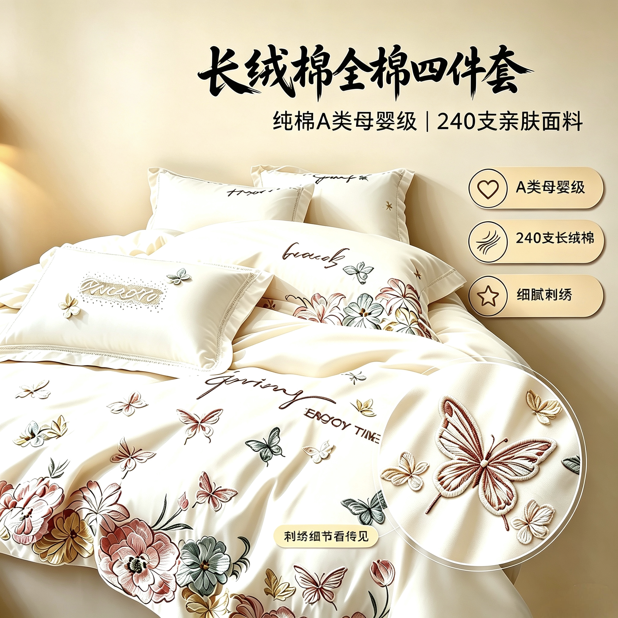 长绒棉全棉四件套纯棉A类母婴级240支床上用品被套床单亲肤床笠款