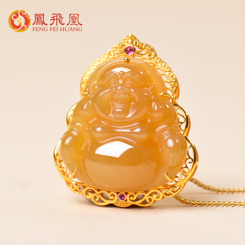 凤飞凰18k金镶和田玉糖玉笑佛吊坠项链女玉石弥勒佛挂件女士佛公