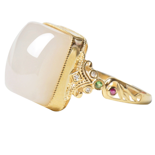 凤飞凰和田玉藕粉戒指18k金镶嵌女士天然玉石送女友送妈妈带证书