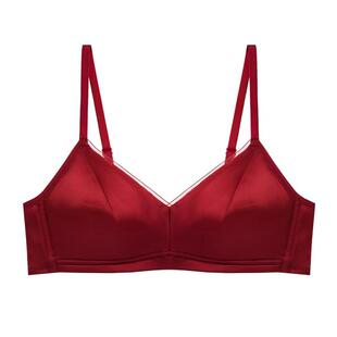 法式本命年大红色真丝内衣女薄款结婚喜庆三角杯桑蚕丝光面文胸