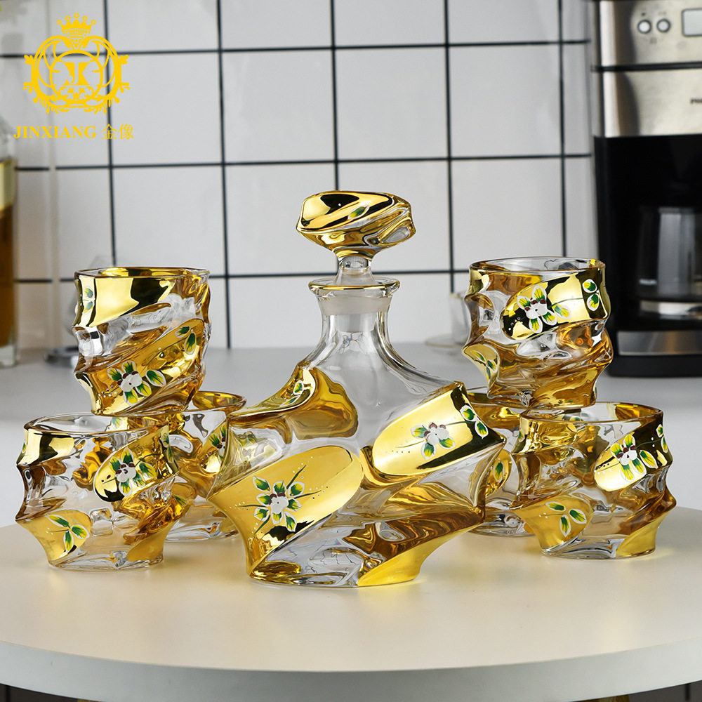 捷克风格描金珐琅花威士忌酒杯酒具套装水晶玻璃洋酒杯酒樽瓶家用