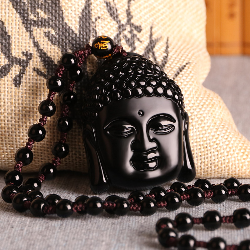 释迦牟尼佛头项链天然黑曜石如来佛祖吊坠大日如来玉佩挂件送证书