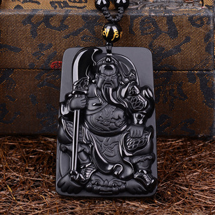 天然黑曜石关羽挂件关二爷男女项链送证书玉大刀关公吊坠