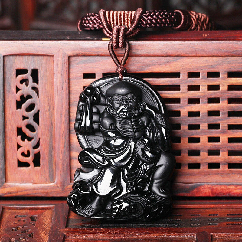 达摩祖师一苇渡江项链天然黑曜石达摩玉佩挂件吊坠送证书