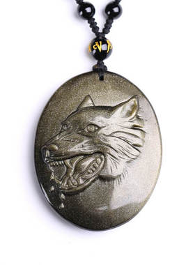 狼头玉佩项链天然黑曜石狼头吊坠男女挂件送证书