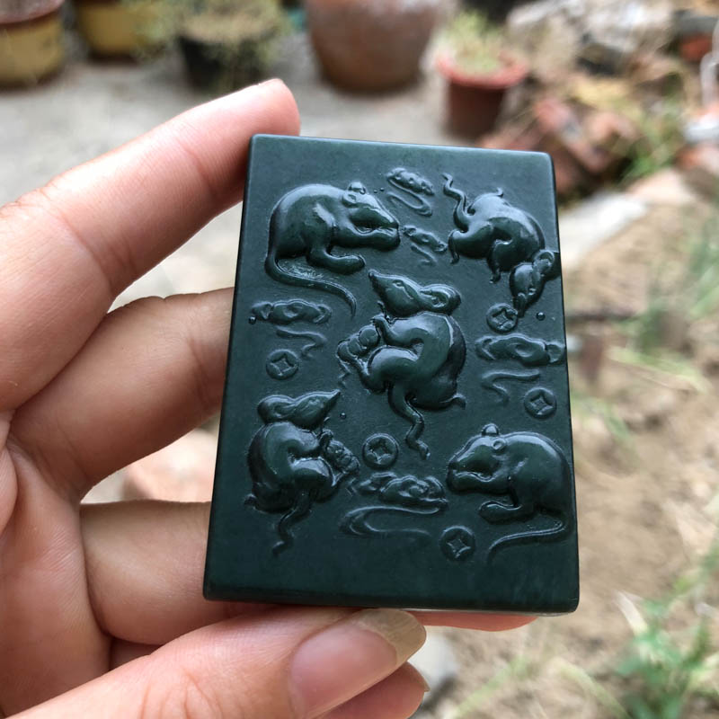 祥鼠运财玉牌项链天然和田青玉生肖护主挂件五鼠运财玉佩玉石挂件