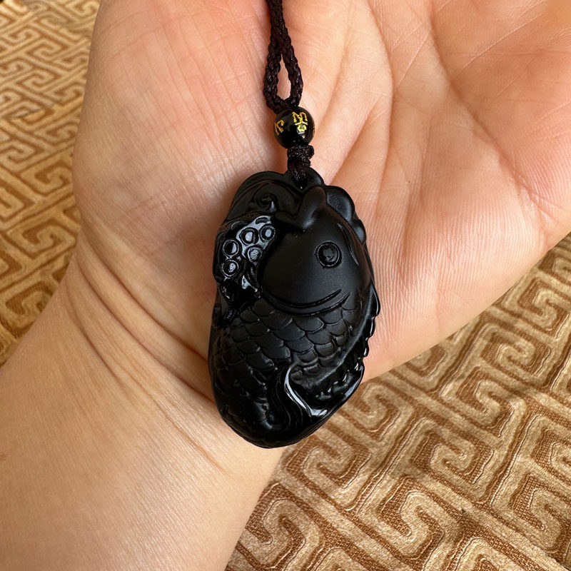 年年有余挂件天然黑曜石金龙鱼钥匙扣男女吊坠莲花鱼项链送证书