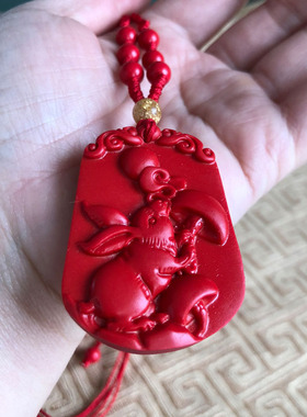 玉兔赐福玉佩项链台湾原色朱砂大白兔吊坠生肖玉挂件兔宝宝钥匙扣