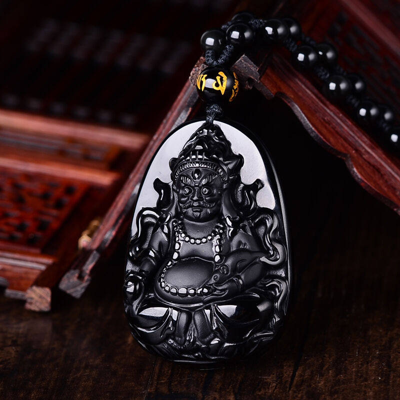 项链天然黑曜石玉佩黄财神送证书