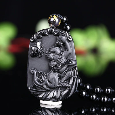 天然黑曜石生肖玉佩项链证书吊坠