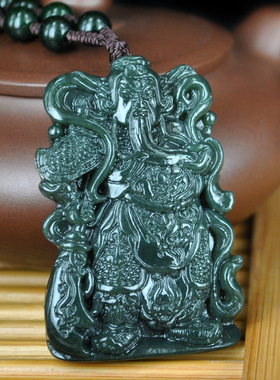 天然和田玉武财神证书关公吊坠