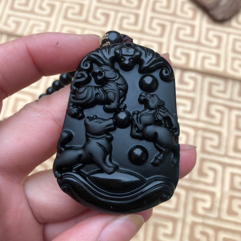 虎马狗玉佩天然黑曜石吊坠送证书