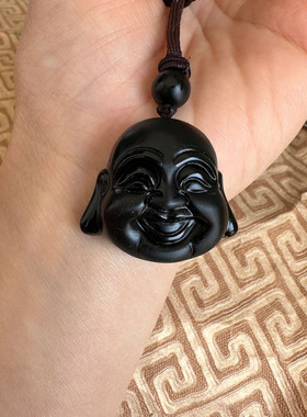 嫣芝美玉女士黑曜石可爱佛头项链