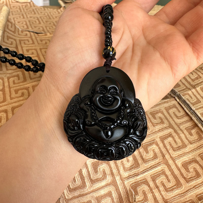 嫣芝美玉女士黑曜石金钱佛玉项链