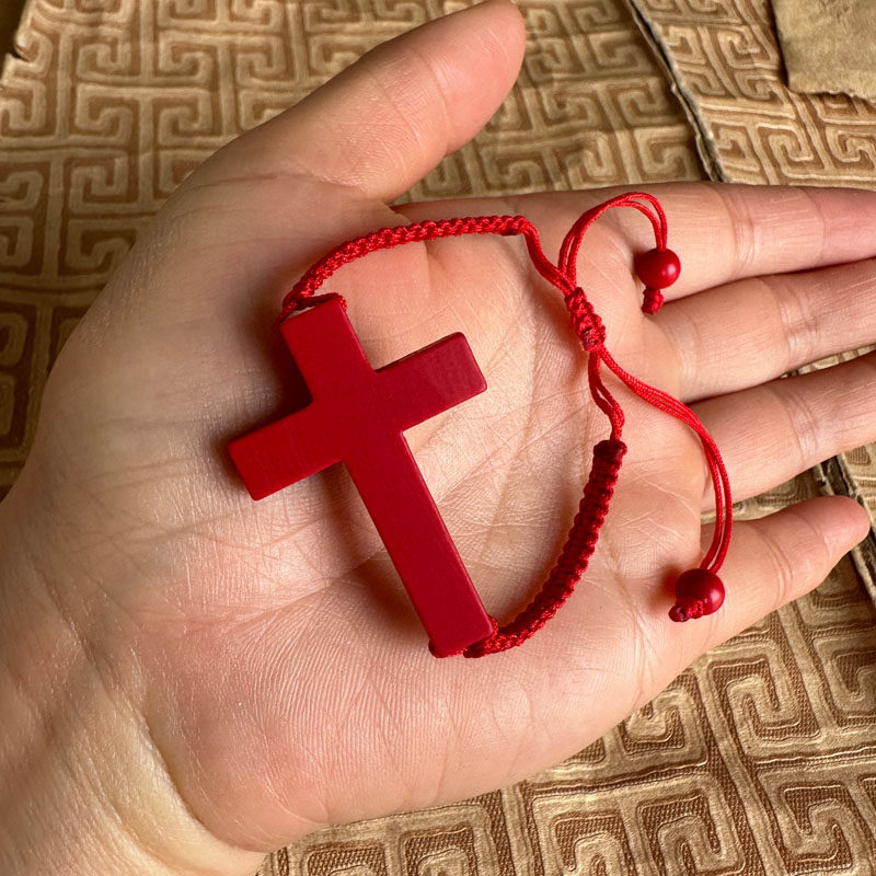 嫣芝美玉男女朱砂十字架手链红绳