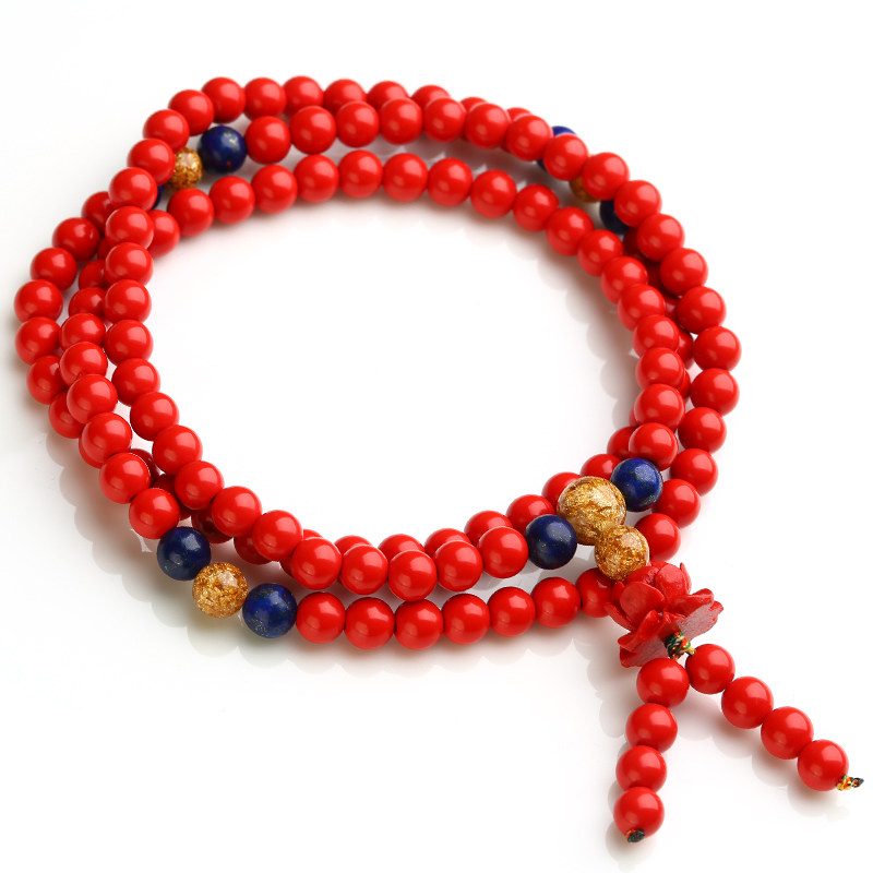 台湾原色朱砂帝王红莲花108颗佛珠手链项链证书