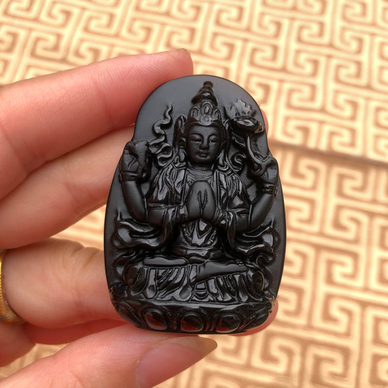 莲花座观音天然黑曜石吊坠送证书