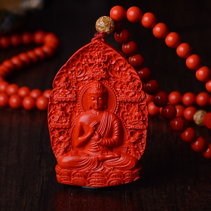 台湾原色朱砂释迦摩尼吊坠中国红佛牌毛衣链送证书