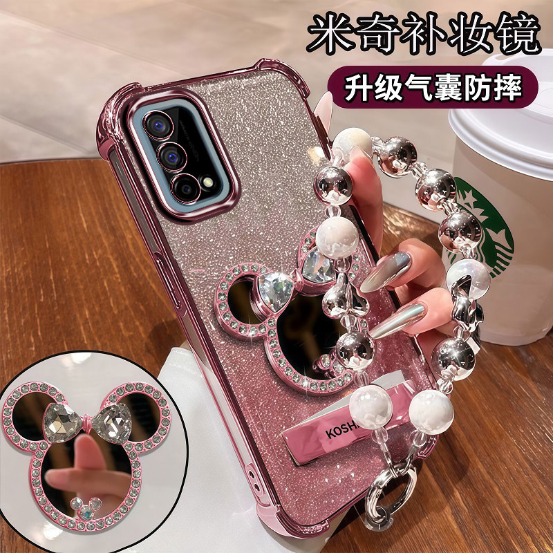 Realme真我Q2手机壳全包边镜头膜RMX2117四角气囊简约OPPO创意带手链ins米奇镜子支架realme时尚潮流q2软硅胶
