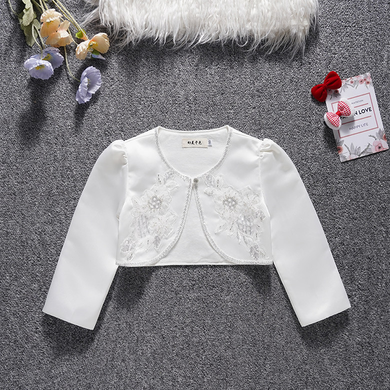 女童礼服披肩春秋儿童表演旗袍连衣裙外搭白色高腰小外套绣花坎肩