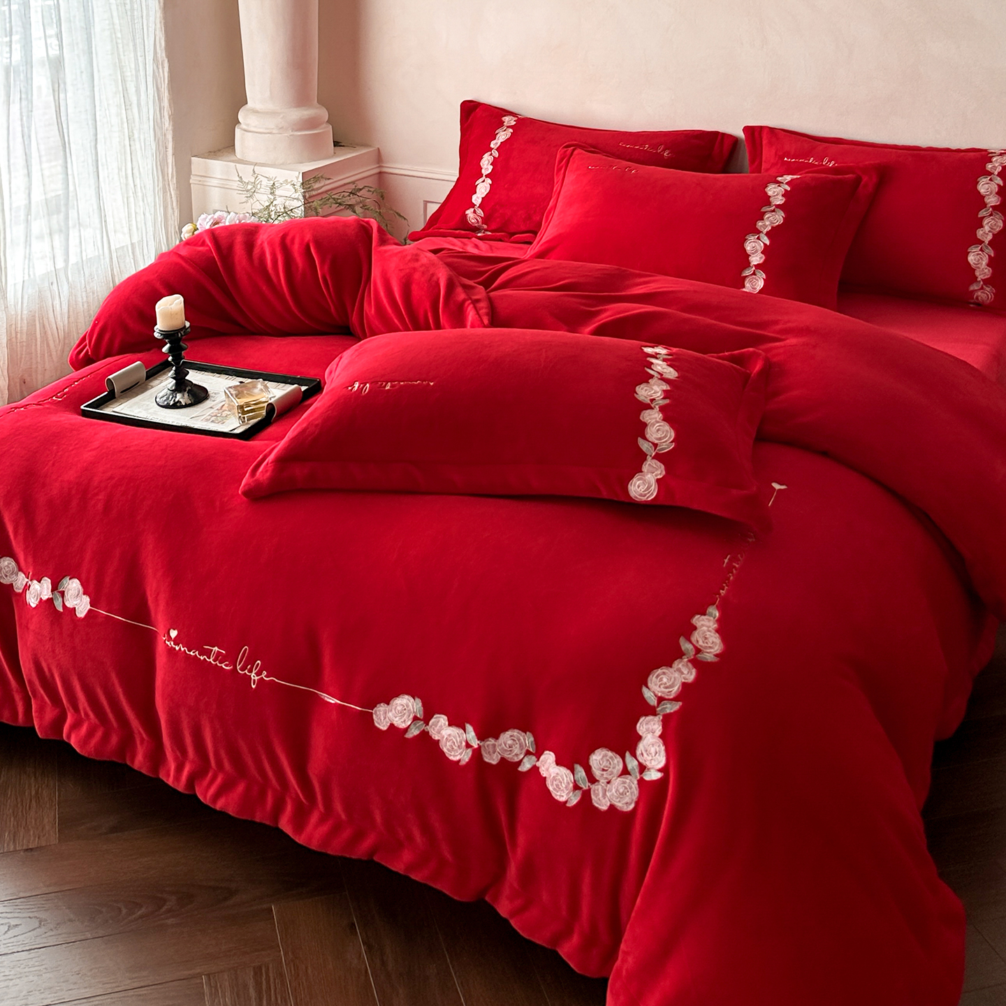 大红色婚庆结婚四件套牛奶绒床品