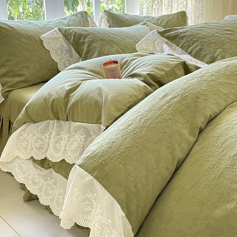 2025款纯棉双层纱蕾丝花边四件套