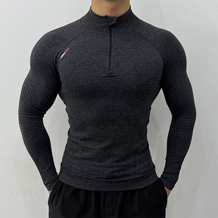 肌理提花无缝显大训练长袖男半拉链健身服弹力速干紧身衣运动T恤