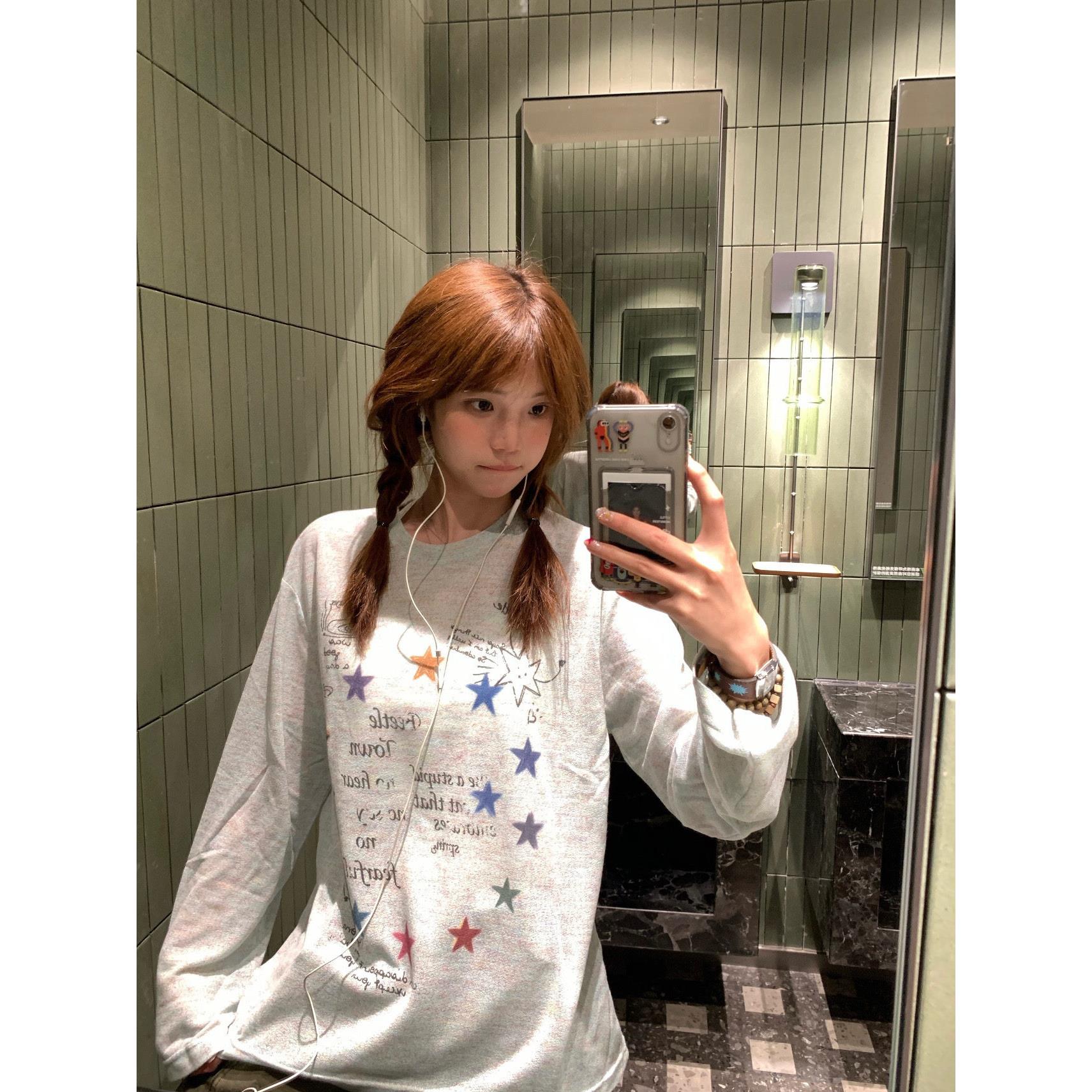美式复古涂鸦星星长袖t恤女夏季宽松薄款设计感小众防晒罩衫上衣