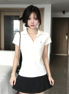 【柔系美式】白色polo衫t恤女夏季百搭v领正肩短袖修身显瘦上衣潮